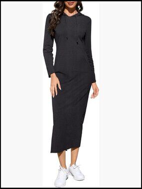 Long Sleeve Hoodie Maxi Dress with Pockets, Pullover Sweatshirt Dress